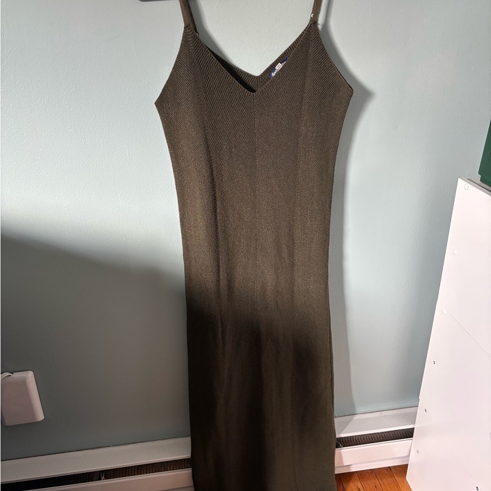 Sleek Olive Green knit V-Neck Maxi Slip Dress